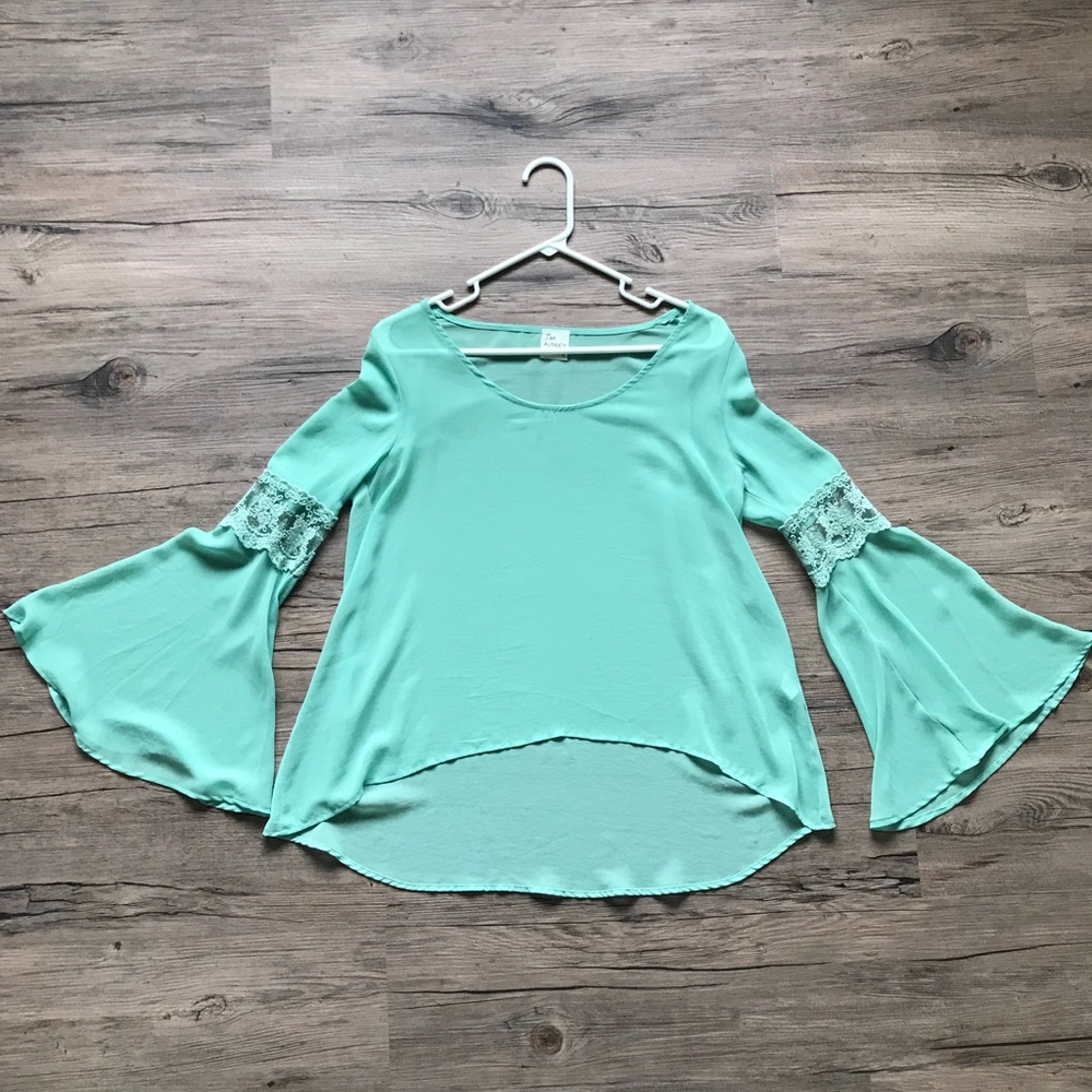 Tobi | Bell sleeve hi-low sheer blouse